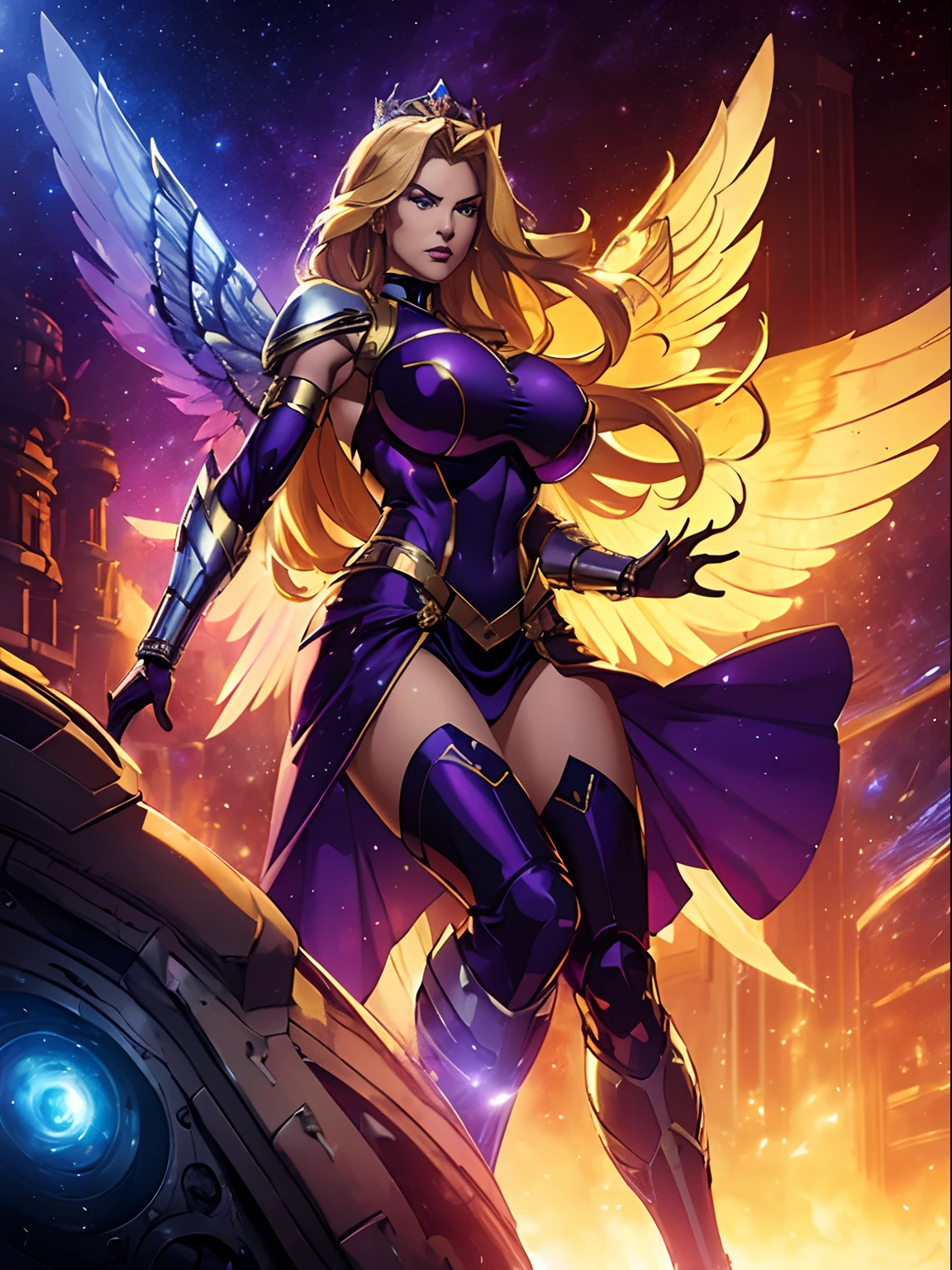 (masterpiece, top quality, best quality, official art, beautiful and aesthetic:1.2), (1girl:1.3), extremely long curly golden hair, extremely detailed, portrait, looking at viewer, solo, (full body:0.6), detailed background, close up, (cool science fiction space theme:1.1), extremely busty valkyrie, charlatan, mysterious, shooting lasers in space, cybernetic angel, huge feathered wings, chrome boob armor, dark purple streamers and skirts and sleeves and knee wrappings, cybernetic implants, mechanical hand, laser cannon, arm cannon, revealing chrome armor, bare midriff, glowing laser energy, crown, halo, intricate armor, ornate chrome armor, sheer white fabric, elegant purple fabric, skirts, streamers, cowl, boots, bracers, ((((gigantic breasts))), slim waist, slim hips, long legs, athletic, SPACE, futuristic moon, (space exterior:1.1) background, dark mysterious lighting, shadows, magical atmosphere, dutch angle