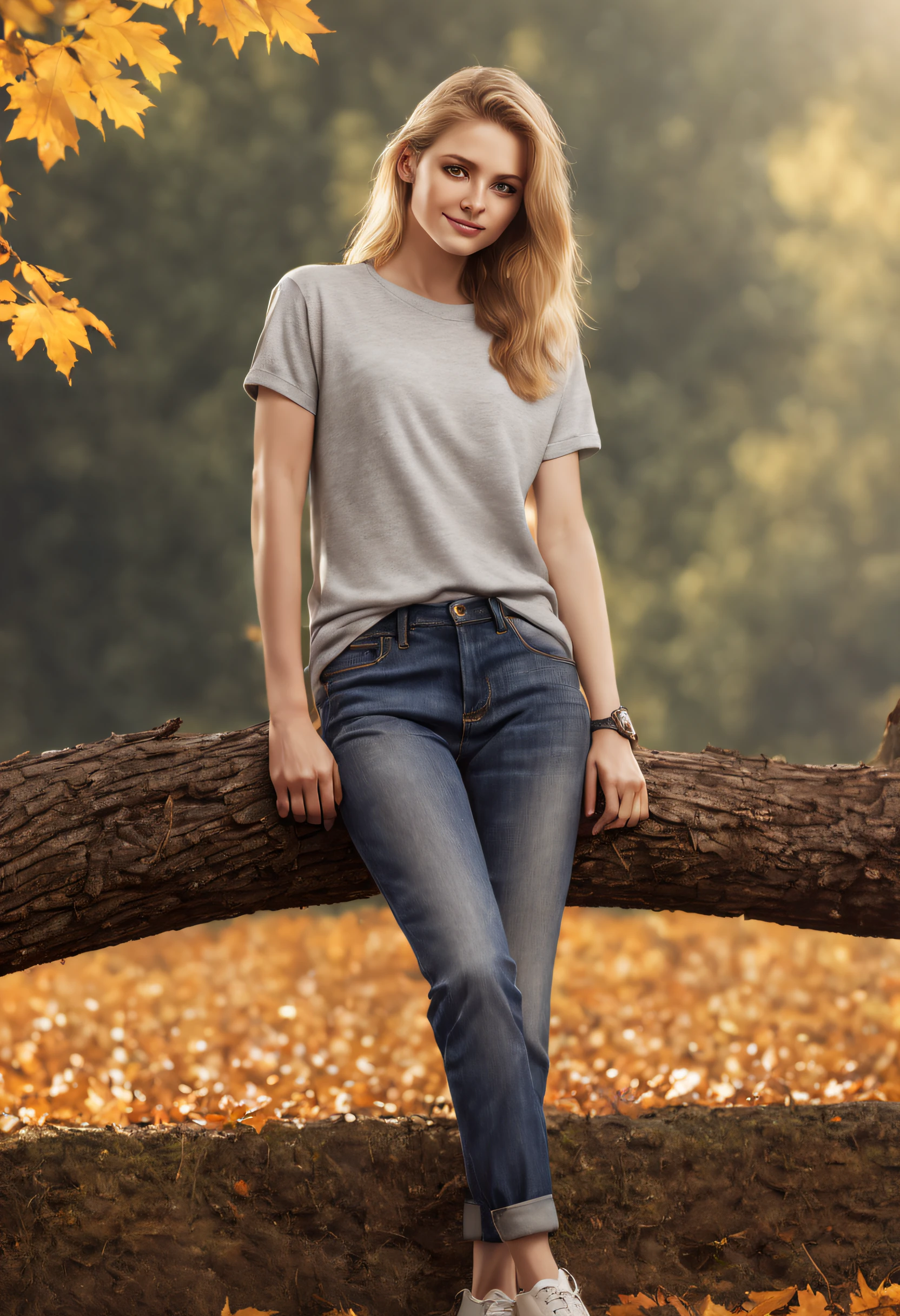 Full body portrait of a white European and American woman，1 girl，Wear a gray crewneck clean loose T-shirt and blue jeans，No font，Blonde hair，slender figures，ssmile，cheerfulness，Look directly into the camera，denim pant, Casual clothing, jeans and t shirt,Portrait，realistic human body proportion，Characters stand，The character is centered，advertisement picture, modern casual clothing, jeans pants, casual clothing style, casual modern clothing, short- sleeved, Full body photo, posing on a，Thanksgiving background，Maple tree background，Natural skin texture，55mm，high detal，Sharp focus，((((Cinematic look))))，4K textures，Soft cinematic light，RAW photo，realisticlying，Photorealistic，intricately details，super-fine，Soft cinematic light，exposure blend，High-density imaging，Professional photography，photorealisticportraiture，Realisticstyle，People with realistic skin textures，Professional retouching，High-quality portraits，Photo portrait，professionally retouched，A high resolution，Grade high resolution，Realistic details，Realisticstyle