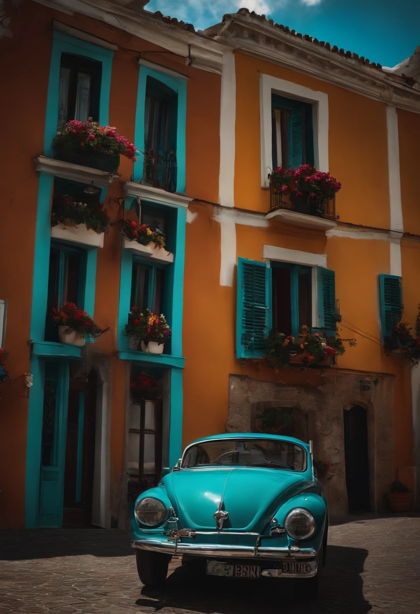 A close up of a car parked in front of a building - SeaArt AI