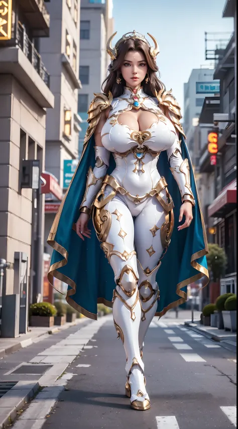 1GIRL, SOLO, (brown hair, hair ornament), (HUGE FAKE BOOBS:1.3), (white, sea blue, gold, FUTURISTIC DRAGON MECHA ARMOR SUIT, ROYAL CAPE, CLEAVAGE:1.5), (SKINTIGHT YOGA PANTS, HIGH HEELS:1.2), (NSFW GLAMOROUS BODY, SEXY LONG LEGS, FULL BODY:1.3), (FROM FRON...