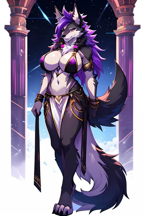 female furry, female anthro, sexy, hellhound anthro, hellhound furry, purple fur, detailed fur, long horns on head, large breasts, full body, fursona commission, fit body, high detail, slim, solo, anatomically correct, purple and black fur on torso, fluffy...