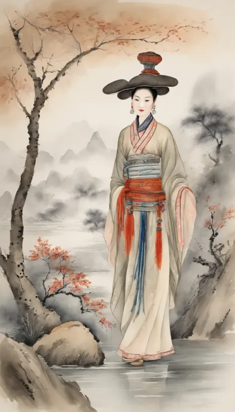 Chinese landscape painting，ink and watercolor painting，water ink，ink，Smudge，Ultra-wide viewing angle，Meticulous，Beautifully depicted，A beauty，ancient Chinese costume, Beautiful detailed facial features, Small eyes, Smiling, Clear facial features, Take the ...