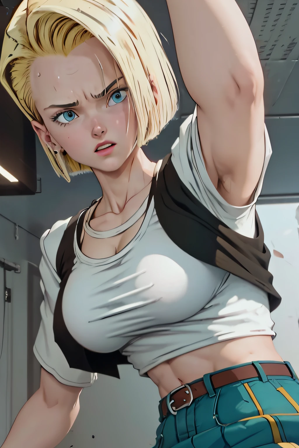 Android 18 lifting a car over her head, she's wearing her classic blue skirt and black jacket with striped sleeves. her tiny pink panties are peeking out of her skirt. She is soaked with sweat. (sweat soaked) her chest strains the fabric of her white t-shirt and massive, sweaty, gigantic breasts are partially visible through her soaked t-shirt. (scared) (huge breasts) (oversized breasts) (blonde hair)