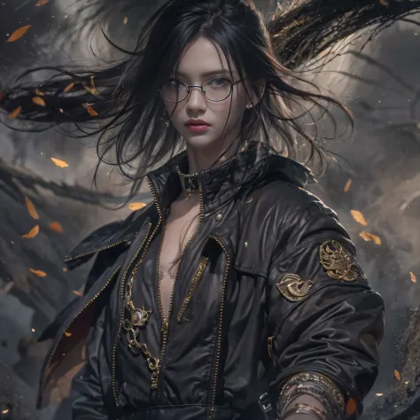 (Masterpiece, Best quality), 1girll, Black hair, Glasses, Cyberpunk, Solo, waist-high, Sexy appearance，Trailer poster effect（Exp...