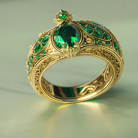 Masterpiece，highest  quality，(Nothing but the ring)，(No Man),Supreme Ring，Peacock element carving，This is（Supreme Lord of the Rings：6.66），Made in gold，Meticulous workmanship，Honorable and gorgeous，Inlaid with malachite，It shines with a noble green magical ...