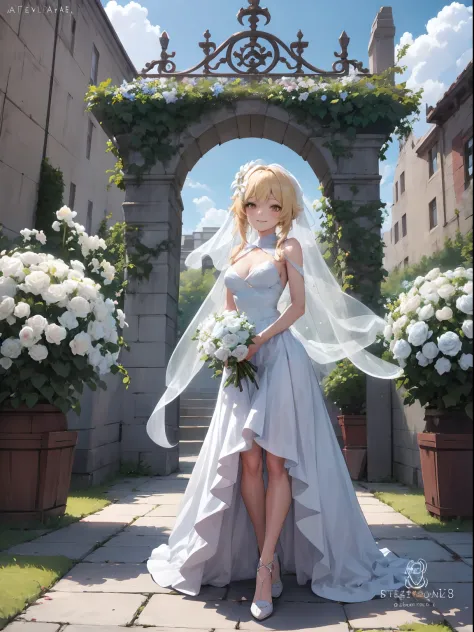 Lumine | genshin impact, master-piece, bestquality, 1girls,25 years old, proportional body, proportional., Wedding Dresses, Whit...