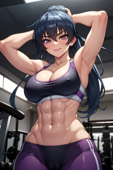 asagi,sports shorts,sheer sports bra,cleavage,black leggins,long hair, ponytail,blue hair, hair between eyes, sidelocks, purple eyes,  looking at viewer,  in the gym, gym set up in the background , costly gym,cameltoe,(perspiring:1.1),musculature,(Toned ab...