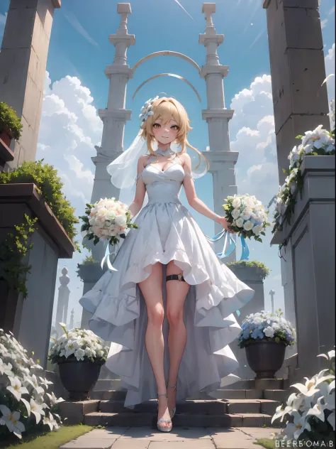 Lumine | genshin impact, master-piece, bestquality, 1girls,25 years old, proportional body, proportional., Wedding Dresses, Whit...