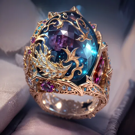 Masterpiece，highest  quality，(Nothing but the ring)，(a Beautiful ring:1.5), Ultra detailed，(No Man),Phoenix ring setting，starrysky，Wrapped around the end from beginning to end，Delicate gold ring，Starry sky in the ring,The sheen，inverted image，Sparkling red...