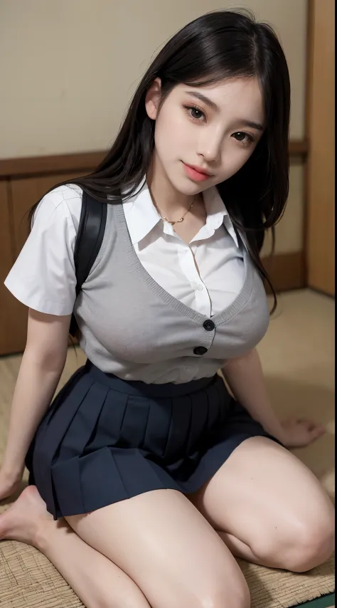 8K, RAW photos, Best quality, Masterpiece: 1.2),(best qualtiy，8K, Yes，32K，masterpiece，hyper HD：1.2) , 20 years old, there is a woman sitting on the floor in a short skirt, a hyperrealistic schoolgirl, hyperrealistic schoolgirl, realistic schoolgirl, japane...