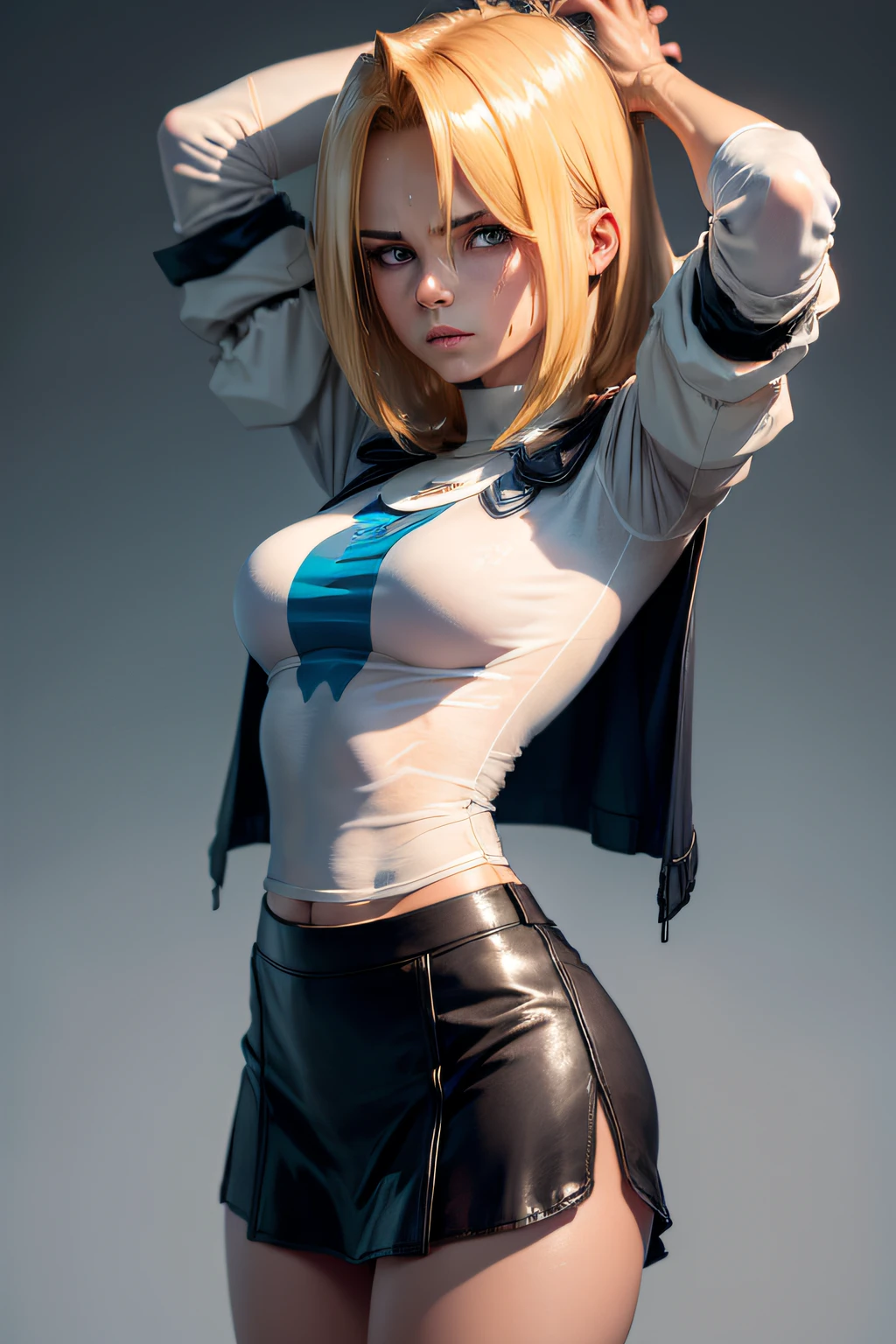 Android 18 поднимает машину над головой, на ней классическая синяя юбка и черный жакет с длинными полосатыми рукавами.. She is soaked with Пот. (Пот soaked) ее грудь натягивает ткань ее белой футболки среднего размера., Потy breasts are partially visible through her soaked t-shirt. (светлые волосы) (очень детализированный скин) (UHD) (сексуальный, женский, Пот) (высокое качество) (динамичная поза)