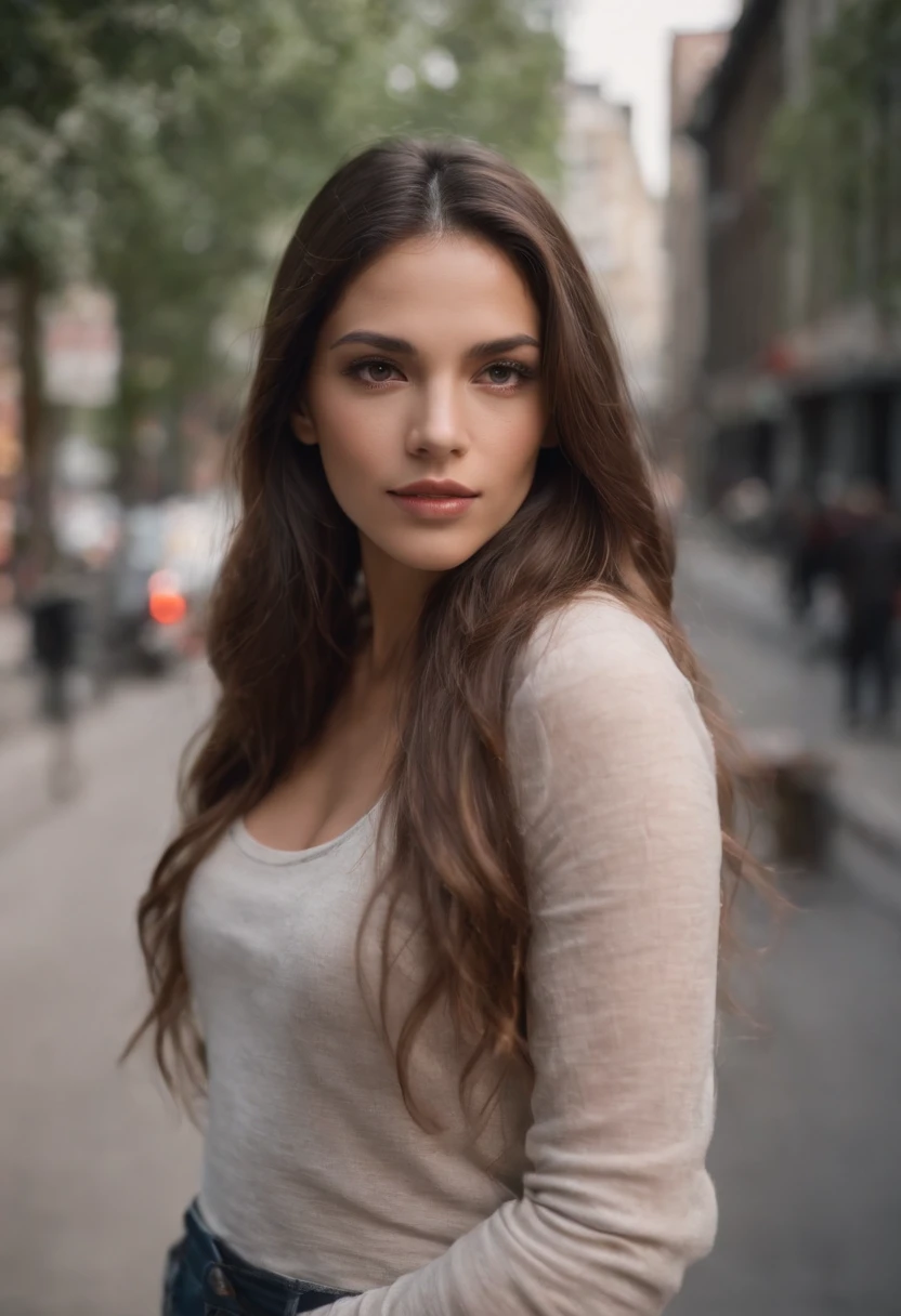 hispanic, long, flowing hair locks eyes in camera, Realstic, Film about suspense in the shadows, in a bustling city, cinematography, Photographie prise avec Arri, Photographie prise avec Canon, Photographie prise avec Fuji, Photographie prise avec Kodak, incredibly high detailed, re sharpness, specifics, professional lighting, film lighting, 35 mm, anamorphique, Lightroom, Film tography., ArtStation,