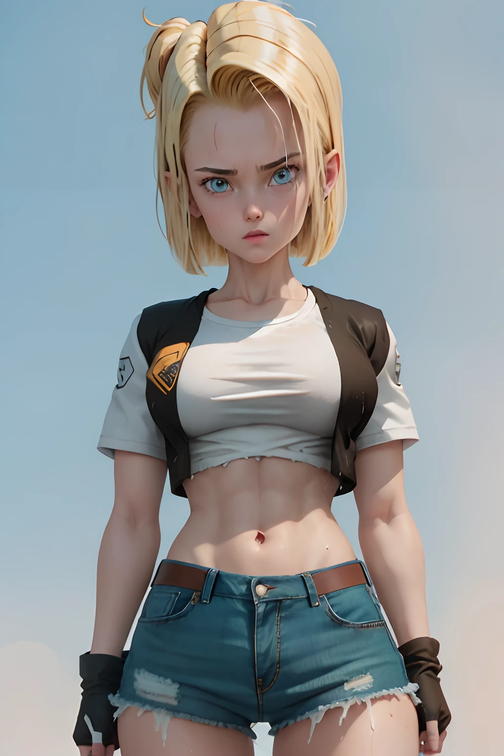 Android 18 posing cutely, she's wearing her classic blue jean skirt and black jacket with long striped sleeves. She is soaked with sweat. (sweat soaked) her chest strains the fabric of her white t-shirt and medium sized, sweaty breasts are partially visible through her soaked t-shirt. (blonde hair) (highly detailed skin) (UHD) (sweaty) (high quality) (dynamic pose) (bright blue irises) (abs)