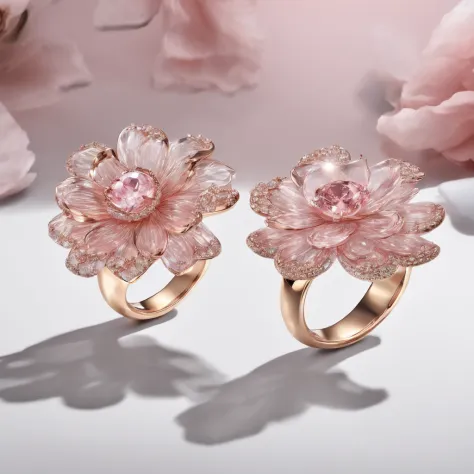 Large flower-shaped rings，Set with pink diamonds，Transparent fog，The hemispherical shape looks down from the sky，fanciful，Artistically。