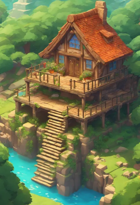 Link's house in kokiri village, on top of the tree trunk, foliage around, stairs to climb, (the legend of zelda: a link to de past), (ambient light: 1.5), (view from below that focuses on the character , expansive mode photography), ultra quality, (8k rend...
