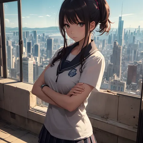 finest image, detailed and delicate depiction, giant, cute high school girl, arms folded, destroyed cityscape