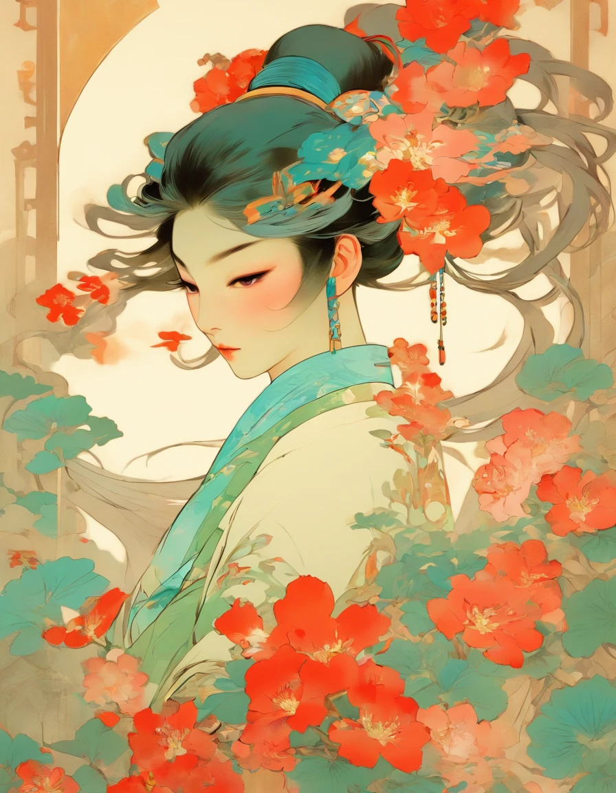 Havia uma mulher na China antiga, costas nuas，Há tatuagens nos ombros  nus，Flores vermelhas e azul esverdeadas, estilo ukiyo, Arte em estilo  Guviz, Guviz - SeaArt AI