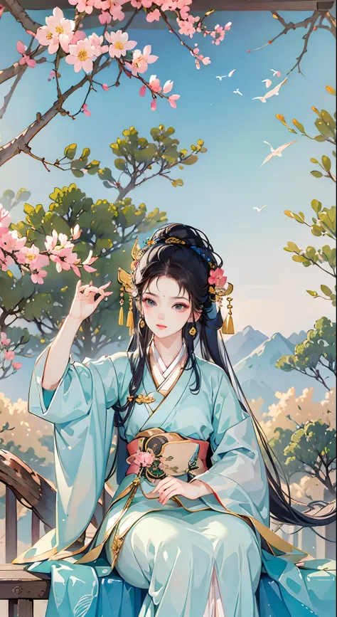 Perfect face，A coquettish expression，Beautiful pavilion，Spring is in full swing，Look to the top left，Exquisite Hanfu