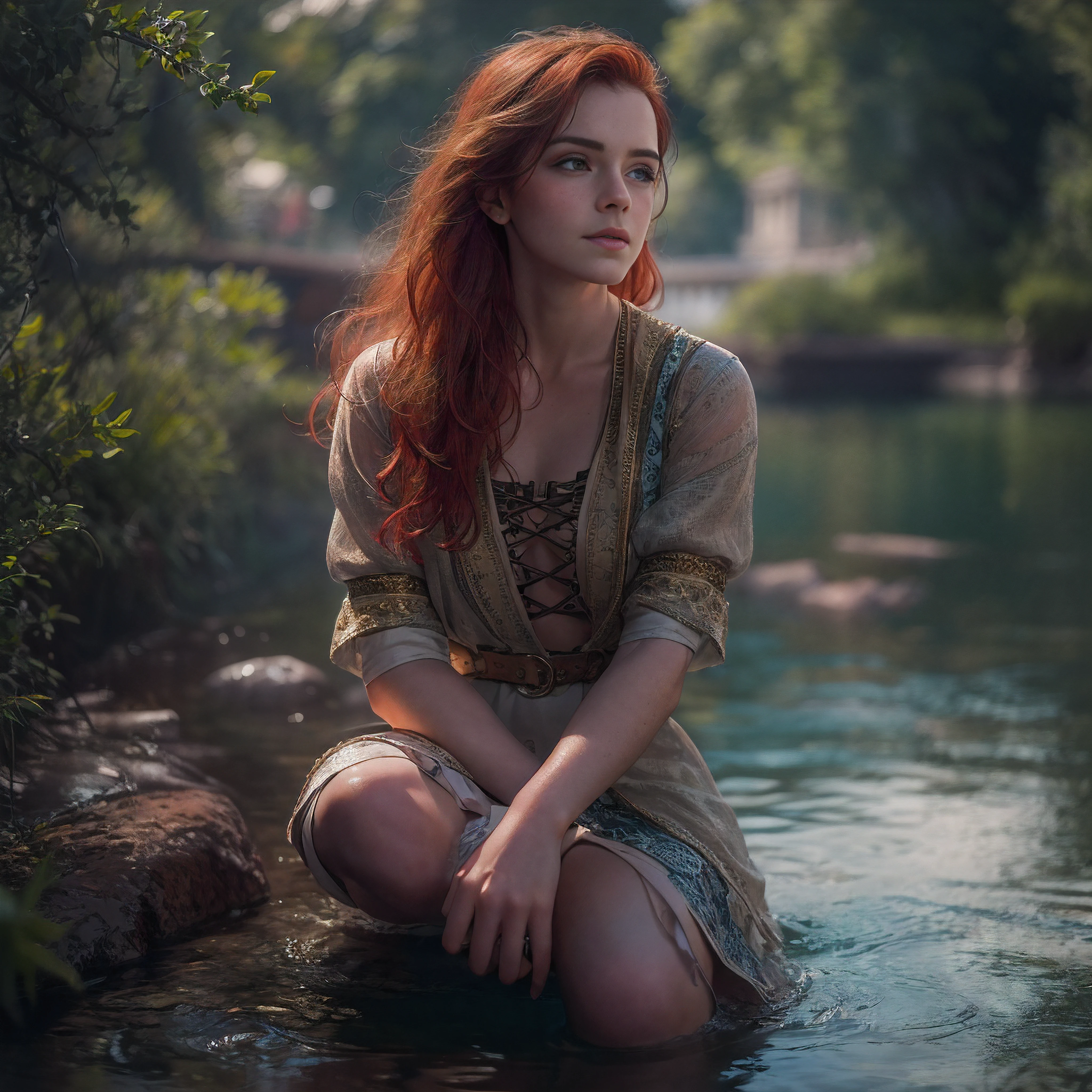 Masterpiece, (((full figure supermodel, full body shot, entire body in frame))), (((magical lighting action shot))) (((beautiful redhead fit pale smiling goddess Scottish woman kneeling in river garden in a park, arms covering flat chest, arms across , arms folded))), (((micro outfit, looking into the camera))) , ((( redhead hair, accurate hands accurate eyes))) moody lighting, very detailed, dramatic lighting, digital art trending on Artstation 8k HD high definition detailed realistic, detailed, skin texture, hyper detailed, realistic skin texture, armature, best quality, ultra high res, (photorealistic:1.4), high resolution, detailed, raw photo, sharp re, nikon d850 film stock photograph 4 kodak portra 400 camera f1.6 lens rich colors hyper realistic lifelike texture dramatic lighting unrealengine trending on artstation cinestill 800, (((accurate female anatomy, perfect eyes))) (((500px, fstoppers, photosight.ru, iso noise))) portrait of beautiful women, looking over spruce forest, moody portrait, striking features, beauty, intricate details, dramatic composition, tension, wispy hair, blue eyes, contrast, texture, realism, high-quality rendering, stunning art, high quality, film grain, Fujifilm XT3, acne, blemishes, detailed skin, freckled