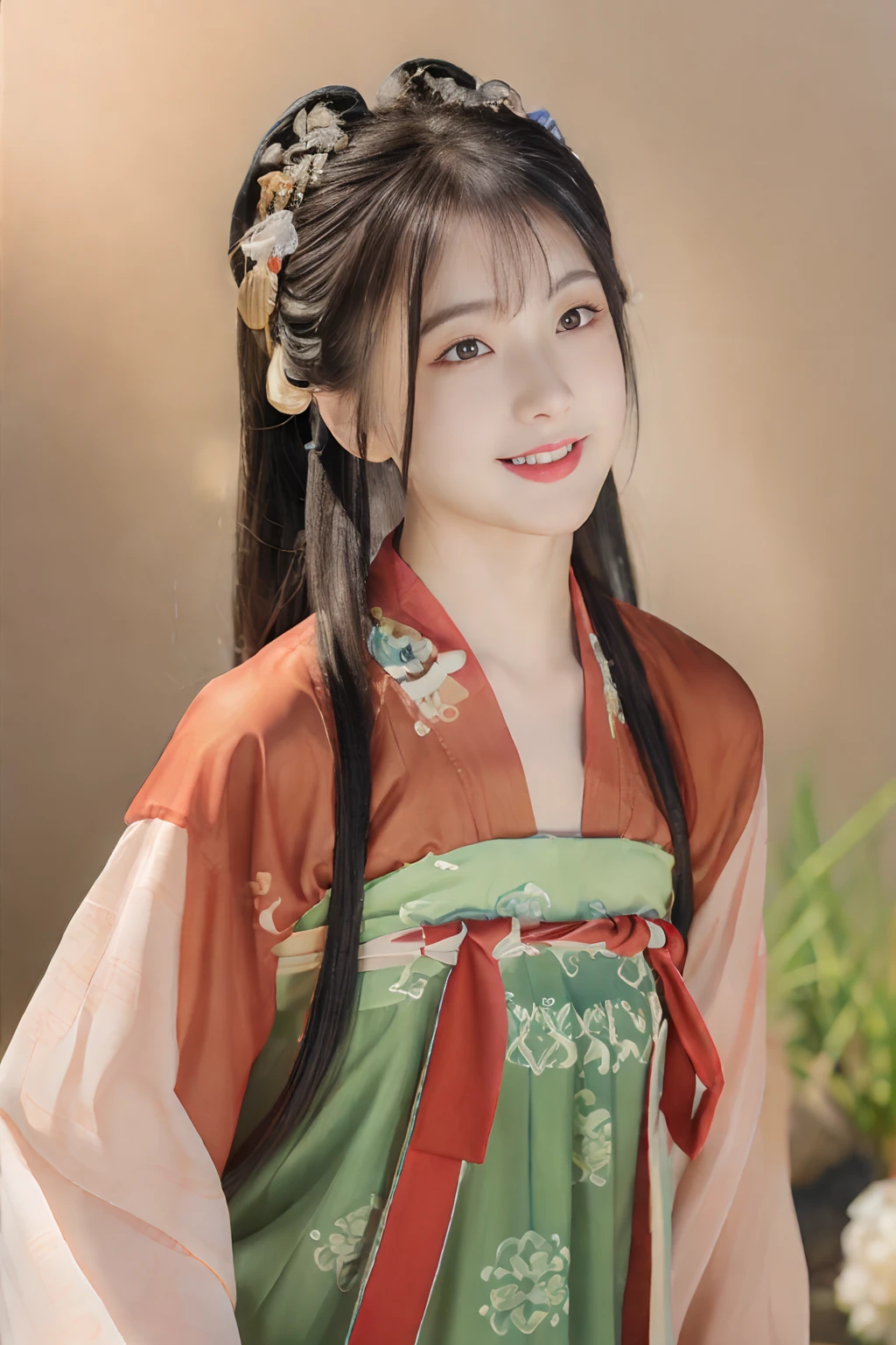 Best quality at best,tmasterpiece,超高分辨率,(photo-realistic:1.4),8K raw photos, A high resolution,Ancient Chinese red Hanfu,Beautiful pattern,beautiful eyes in detail, long eyelasher, RAW photogr, face to the viewer, The upper part of the body, Close-up Shot Shot, ((( Landscape background))),(((1girll))),独奏,Upper body smile,heads,low tune, Beautiful hairstyle,No action