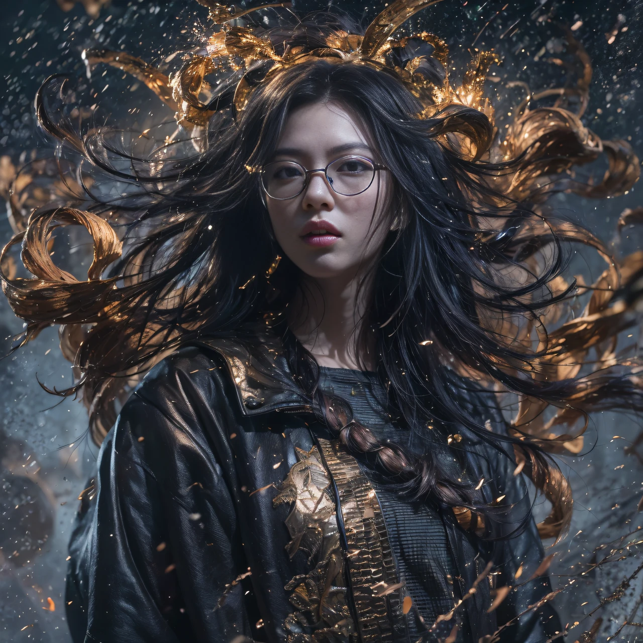 （asterpiece, Best quality), 1girll, Black hair, Wearing gold wire glasses, Cyberpunk, Solo, waist-high, Sexy appearance，Trailer poster effect（The scene of the explosion）My eyes were full of confusion，He clenched his fists，Rush up，Deliver a fatal blow to your opponent，full bodyesbian，Full Body Male Mage 32K（tmasterpiece，k hd，hyper HD，32K）Flowing black hair，The camp is disorganized，zydink， a color， patriot （Ruins）， （Linen batik scarf）， Angry fighting stance， looking at the ground， Batik linen bandana， Chinese python pattern long-sleeved garment， （Abstract propylene splash：1.2）， Dark clouds lightning background，Flour flies（realisticlying：1.4），Black color hair，Flour fluttering，Background fog， A high resolution， the detail， RAW photogr， Sharp Re， Nikon D850 Film Stock Photo by Jefferies Lee 4 Kodak Portra 400 Camera F1.6 shots, Rich colors, ultra-realistic vivid textures, Dramatic lighting, Unreal Engine Art Station Trend, cinestir 800，Flowing black hair,（（（Platinum Mage））），The male mage was furious，Trailer poster effect，Xiaoyi、Mu Ling、Autumn lotus、with a cold、Kazumi、Dai Yun、Yajing、Mengjie、Ling Wei、Midland、Panhai、Yan Ying、Security forces、Aim for、Zhou utumn butterflies、Qianyi、anjou、Shi Rui、Mountain geese、Youling、Incense、Xiaolan、White glow、Jade Mountain、Cold shock、Autumn Cui、Summer Willow、As it is、yinan、Shuyi、Emerald peach、Send Yao、romatic、Ask Willow、Phantom peach、, Mengyao、Kexin、Siqi、jiayi、wanting、Yajing、Yuwei、YU Yan、Perran、Shin-yeon、Mengjie、Lizzy、Jingwen、Yuechan、Changxi、Midland、wanting、Xue Xian、Yajing、Huixi、mano、YU Yan、Sang Yu