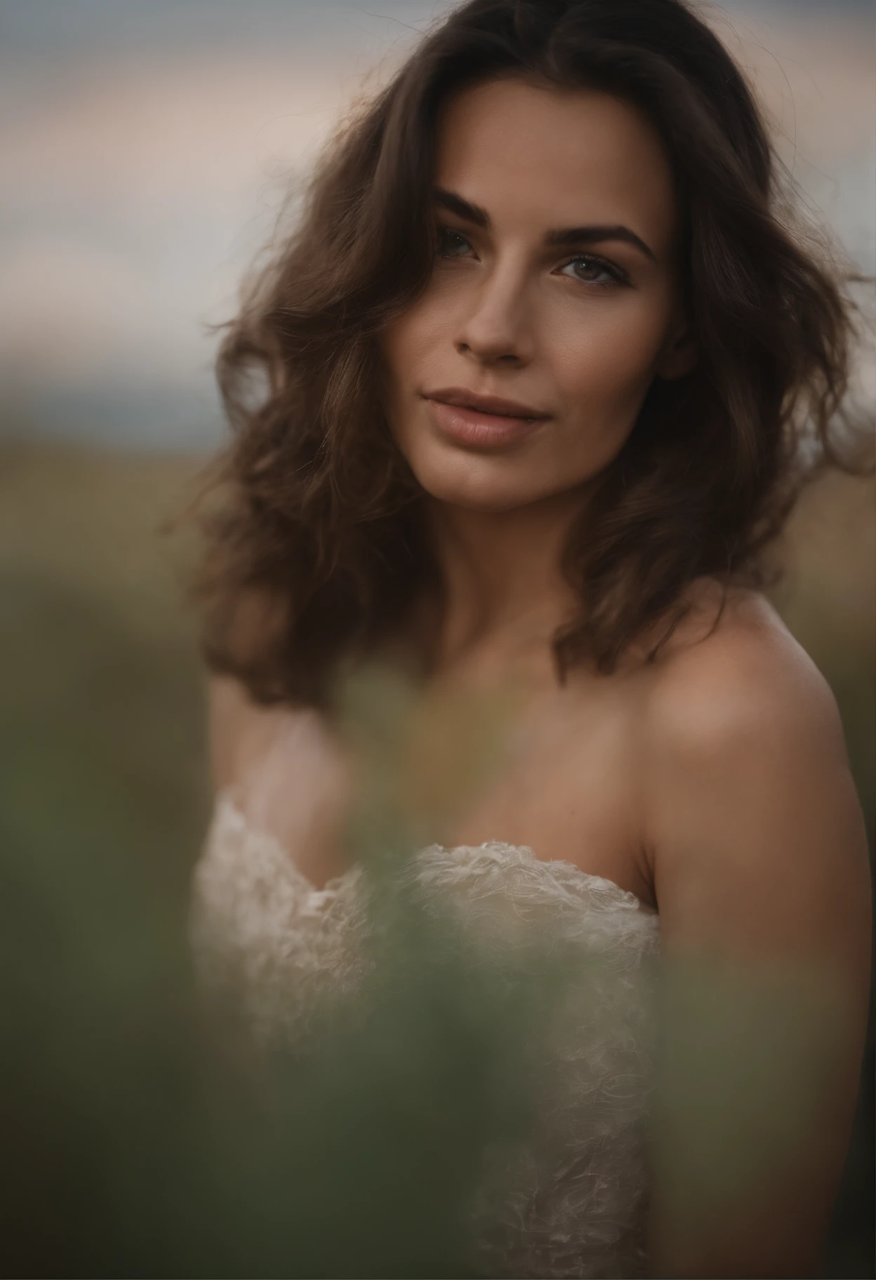 A woman in a white dress posing for a picture in a field - SeaArt AI