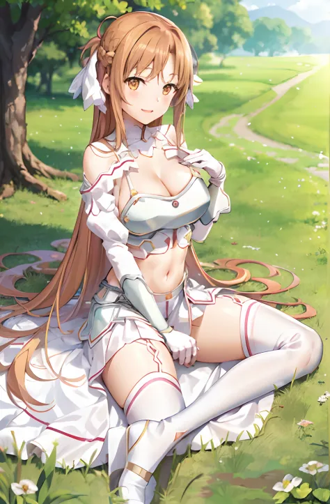 stacia, asuna, asuna_\(sao\), 1girl, (sexy pose:1.2), fantasy, highres,  original, realistic, (excite), scenery,  close_up, upper_body, (sit on a grass), smiling, solo, (potruding nipple:1.2), long hair, (huge breasts:1.0), looking at viewer, smile, open m...