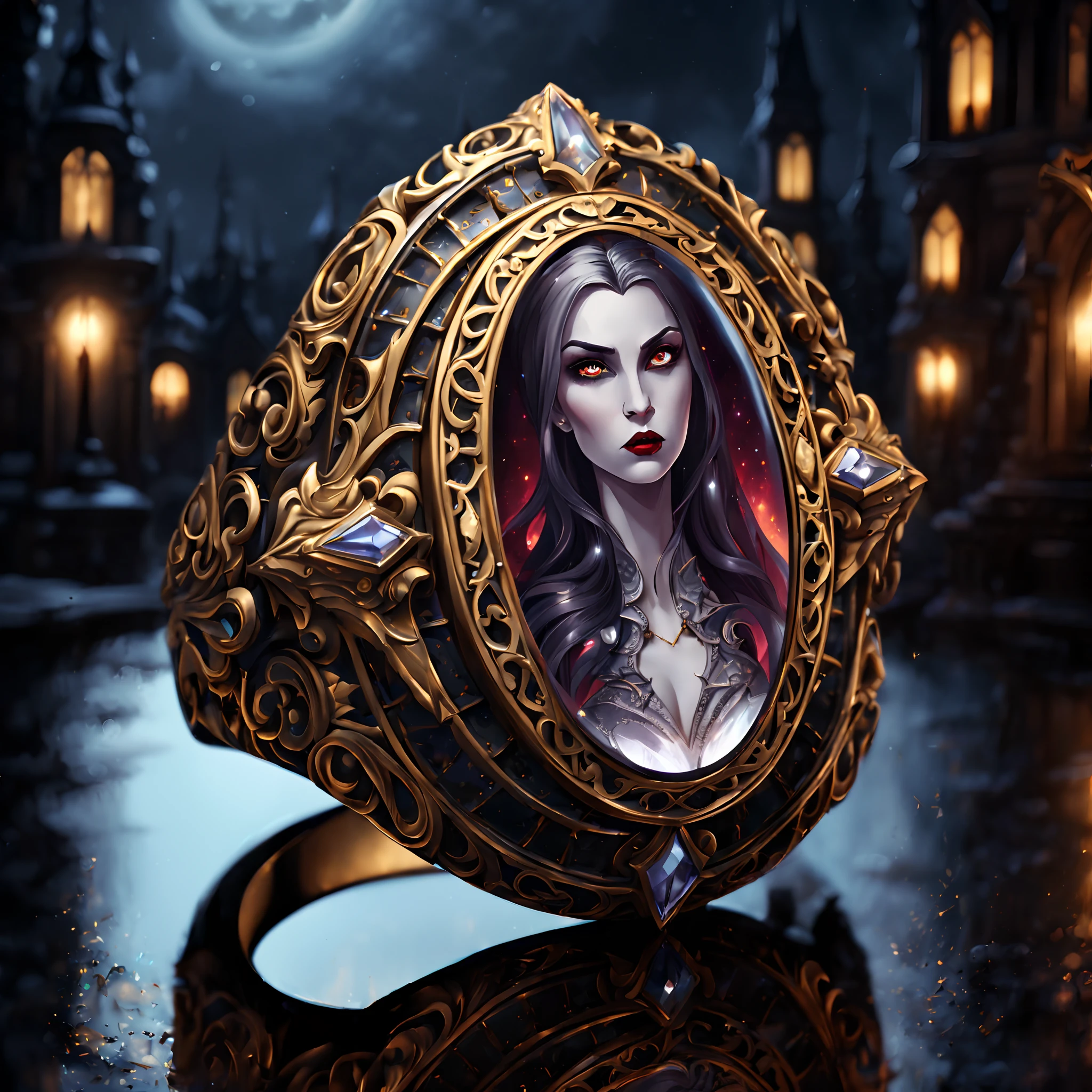 (episches Cartoon-Gemälde), (majestätischer Ring:1.3) (mit aufwendigen Gravuren der Vampirkönigin darauf:1.3), reich verzierte Muster, (metallische Reflexion:1.2), (gotischer Nachthintergrund:1.4)