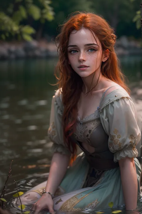 Masterpiece, (((full figure supermodel, full body shot, entire body in frame))), (((magical lighting action shot))) (((beautiful redhead fit pale smiling goddess Scottish woman kneeling in river garden in a park, arms covering flat chest, arms across small...