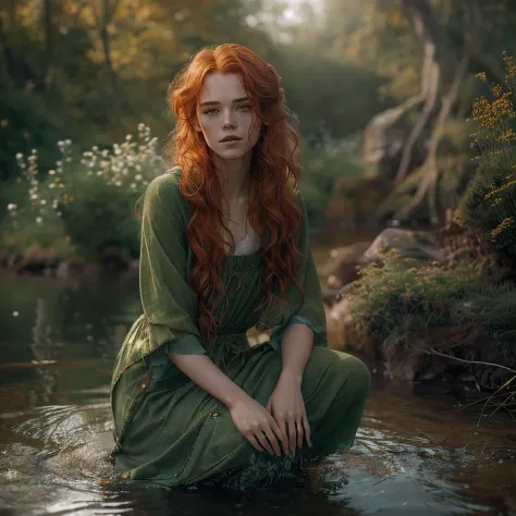 Masterpiece, (((full figure supermodel, full body shot, entire body in frame))), (((magical lighting action shot))) (((beautiful redhead fit pale smiling goddess Scottish woman kneeling in river garden in a park, arms covering flat chest, arms across small...