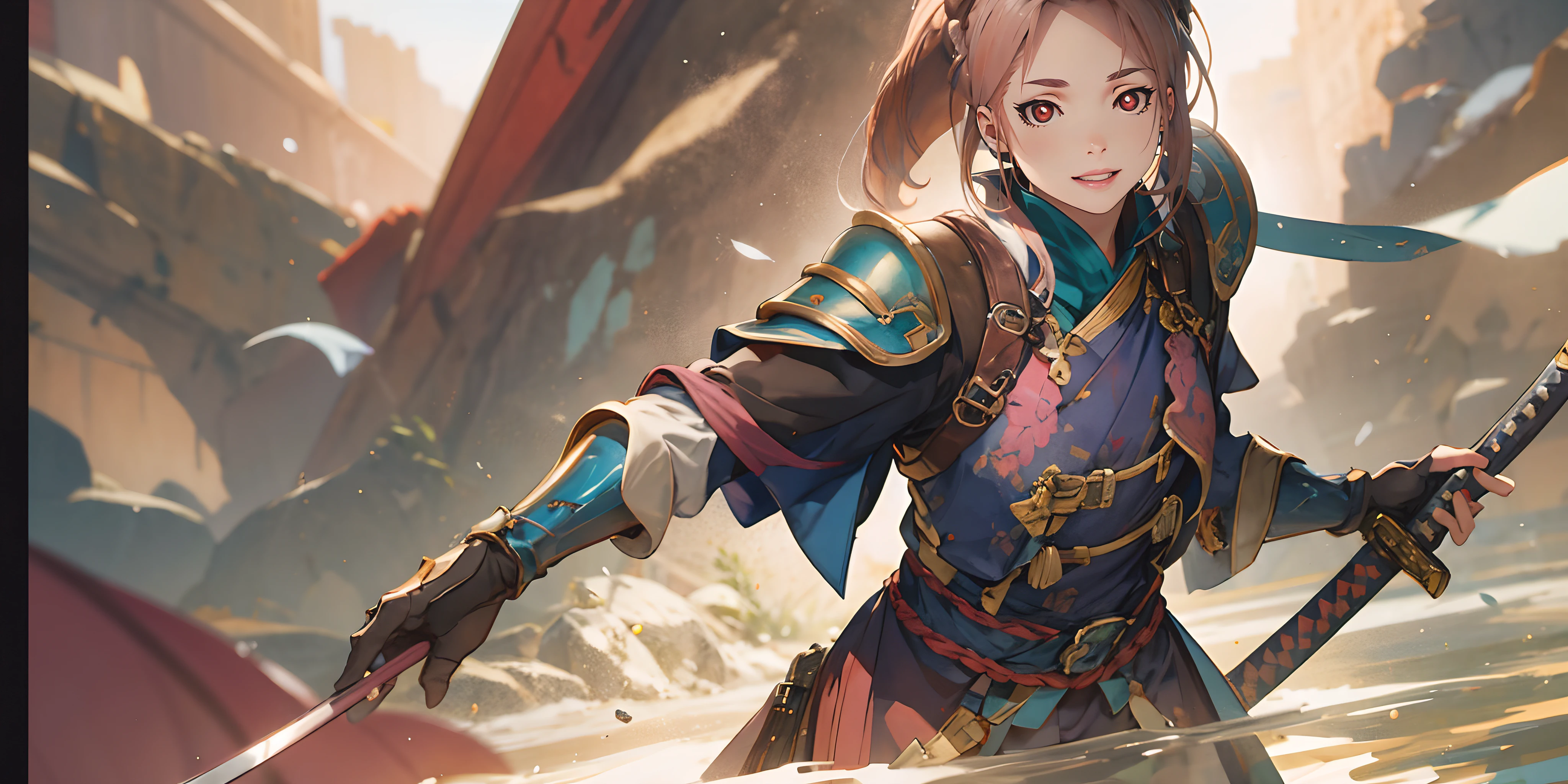 SnbAmr-KJ , crown braid , twintails, (pink hair:1.7), red eyes, breasts, smirk, upper teeth, katana, holding katana, gloves, 1girl, solo, armor, holding_katana, looking_at_viewer, breastplate, holding_katana, outstretched_arm, blurry, letterboxed, glow effects, godrays, Hand drawn, render, 8k, octane render, cinema 4d, blender, dark, atmospheric 4k ultra detailed, cinematic, Sharp focus, big depth of field, Masterpiece, colors, 3d octane render, 4k, concept art, trending on artstation, hyperrealistic, Vivid colors, extremely detailed CG unity 8k wallpaper, trending on CGSociety, Intricate, High Detail, dramatic"",