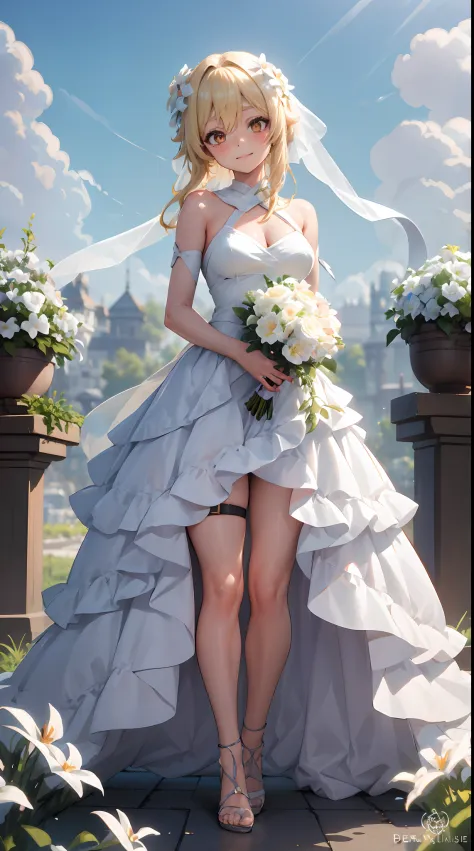 lumine | genshin impact, master-piece, bestquality, 1girls,25 years old, proportional body, proportional., wedding dresses, whit...