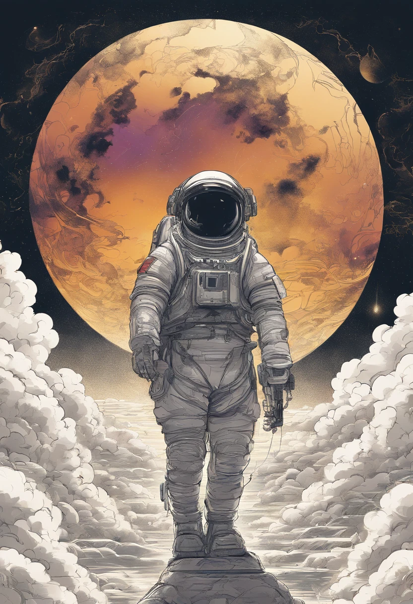 A detailed intricate illustration muted chinese ink painting, magic cosmic colors, rice paper texture, digital paint, halo astronaut, one black and gold future portal in the sky. Venus. Space. Clouds wet to wet techniques. vibrant vector professional art. using Cinema 4D, Mysterious