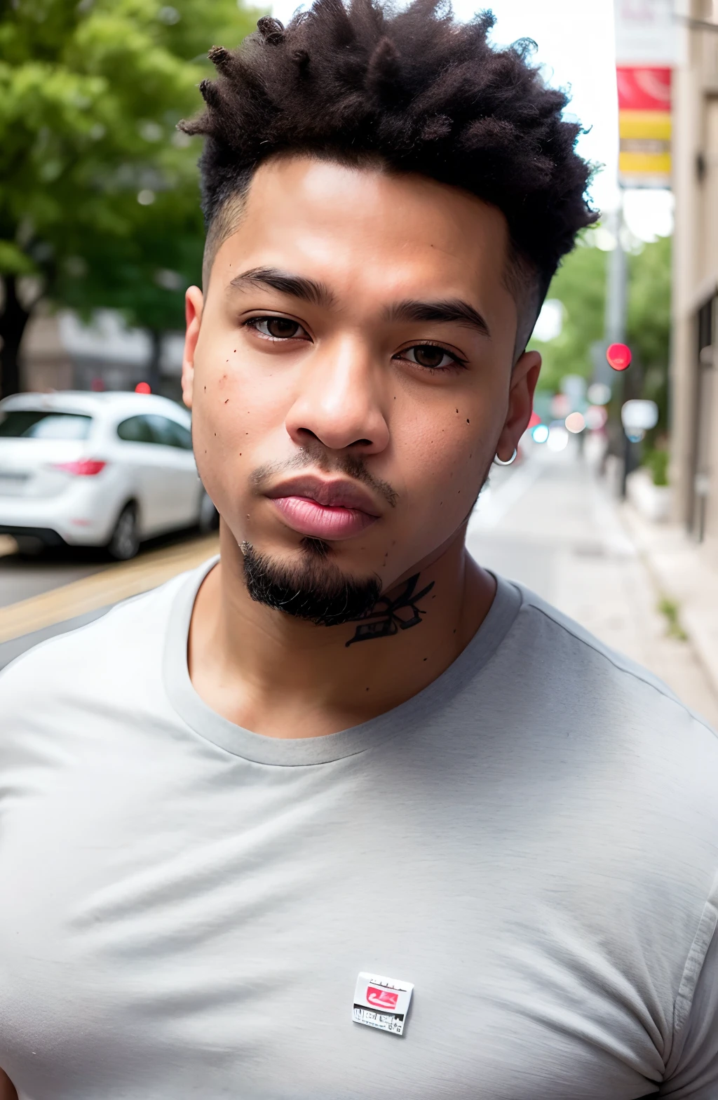 Arafed man with a tattoo on his neck standing on a city street - SeaArt AI