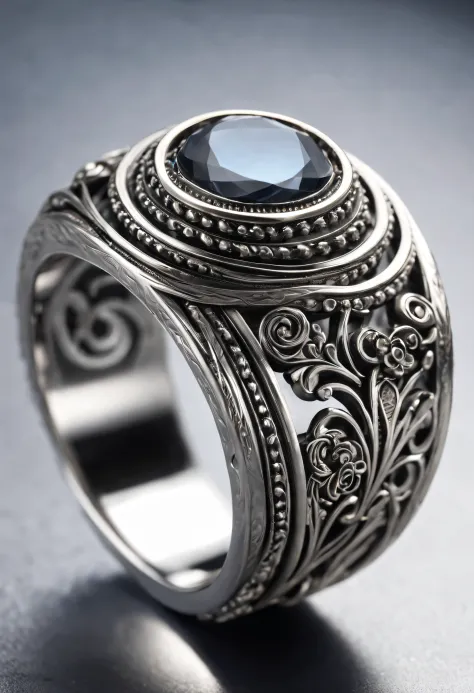An exquisite and ornate silver metal ring with intricate intertwining strands of swirling patterns, engraved with intricate flourishes and dimensional details, exhibiting a mesmerizing interplay of light and shadow.