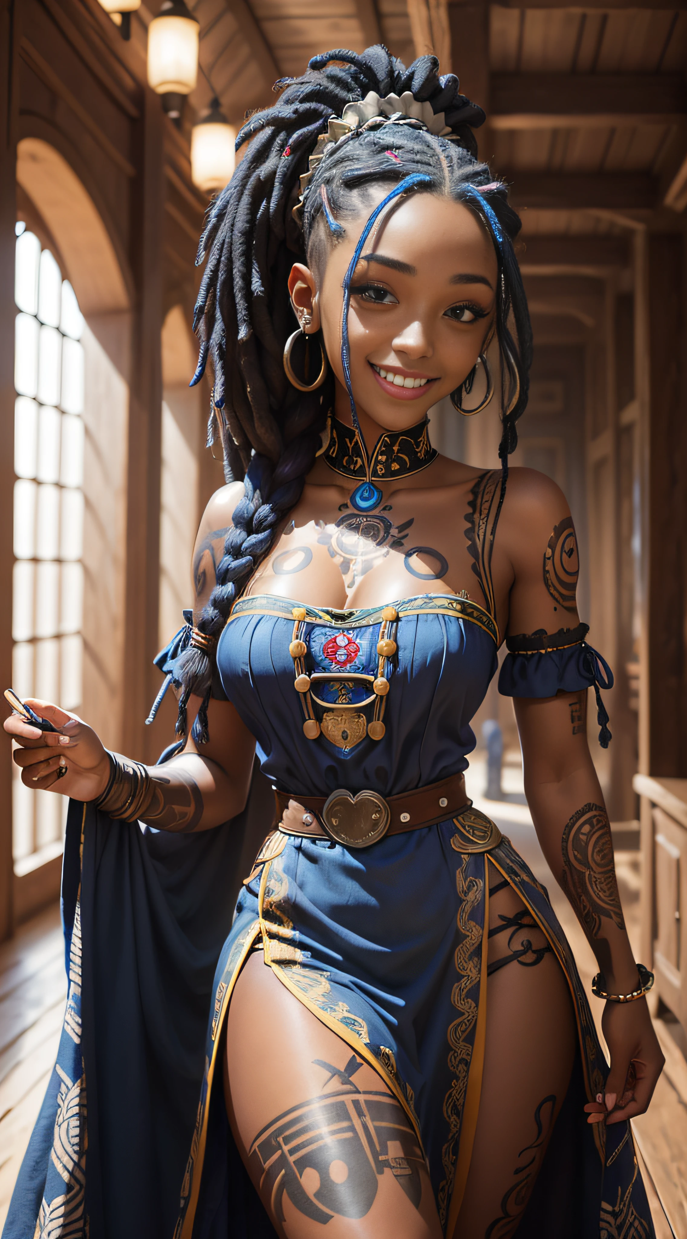 una foto de retrato de una chica negra, sonriente, tatuaje, rastas azules, (vestido folklórico:1.3), vestido corto ucraniano, rasgo femenino pronunciado, detalles locos, detalles intrincados, hiperdetallado, fondo complejo, taberna medieval, adentro