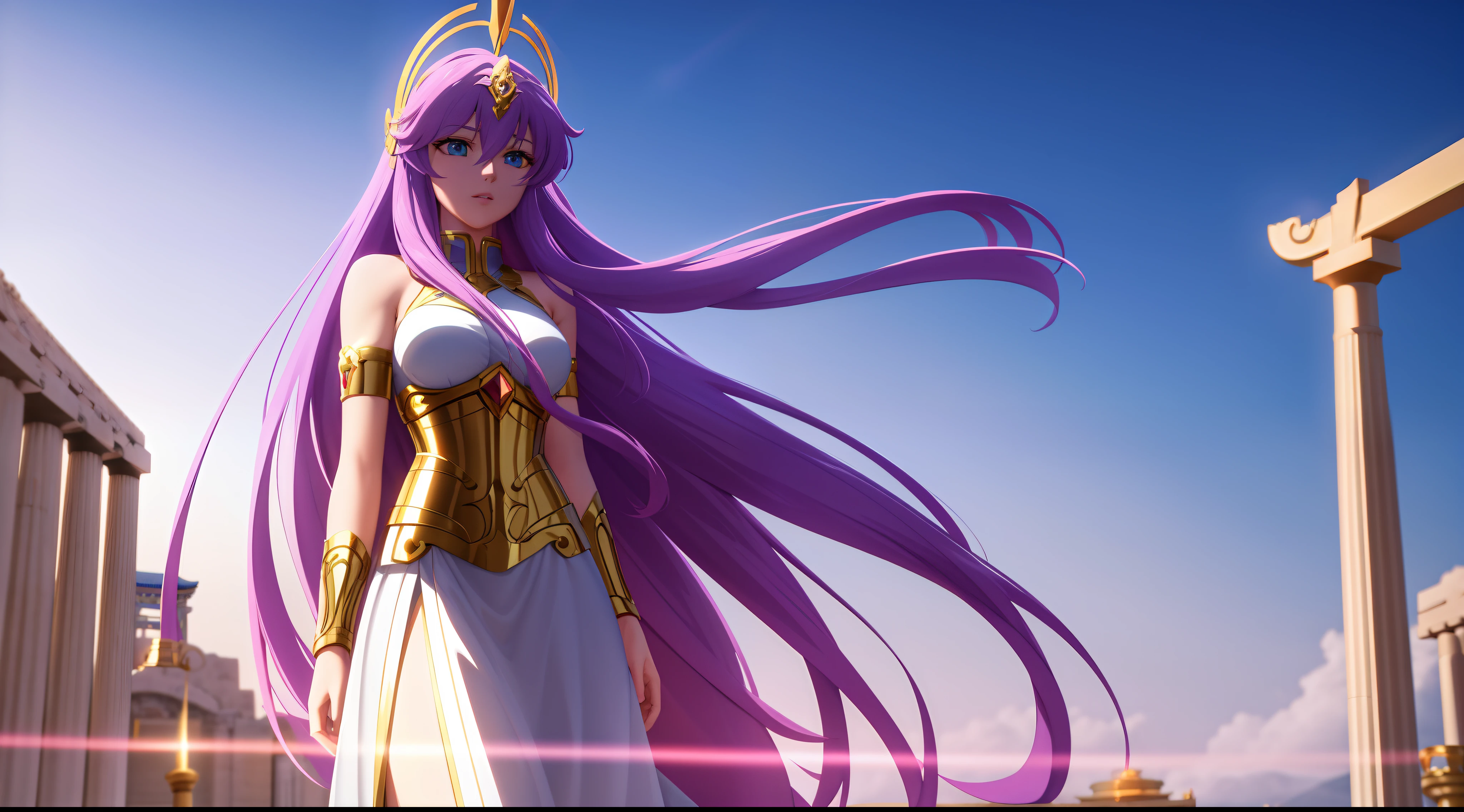 Kido_saori, Saint seiya athena with plain long light purple hair,hair between eyes,green eyes,rosy cheeks,full lips,thin eyebrows,slender body,golden armor and very long skirt,cute anime girl,full body,athens temple,anime style,Lumen Reflections,Screen Space Reflections,Diffraction Grading,Chromatic Aberration,GB Displacement,Scan Lines,Ray Traced,Anti-Aliasing,FXAA,TXAA,RTX,SSAO,Shaders,OpenGL-Shaders, GLSL-Shaders,Post Processing,Post-Production,cell Shading,Tone Mapping,CGI,VFX,SFX,insanely detailed and intricate, 4K,standing, solo, masterpiece, best quality, detailed face, detailed eyes, highres