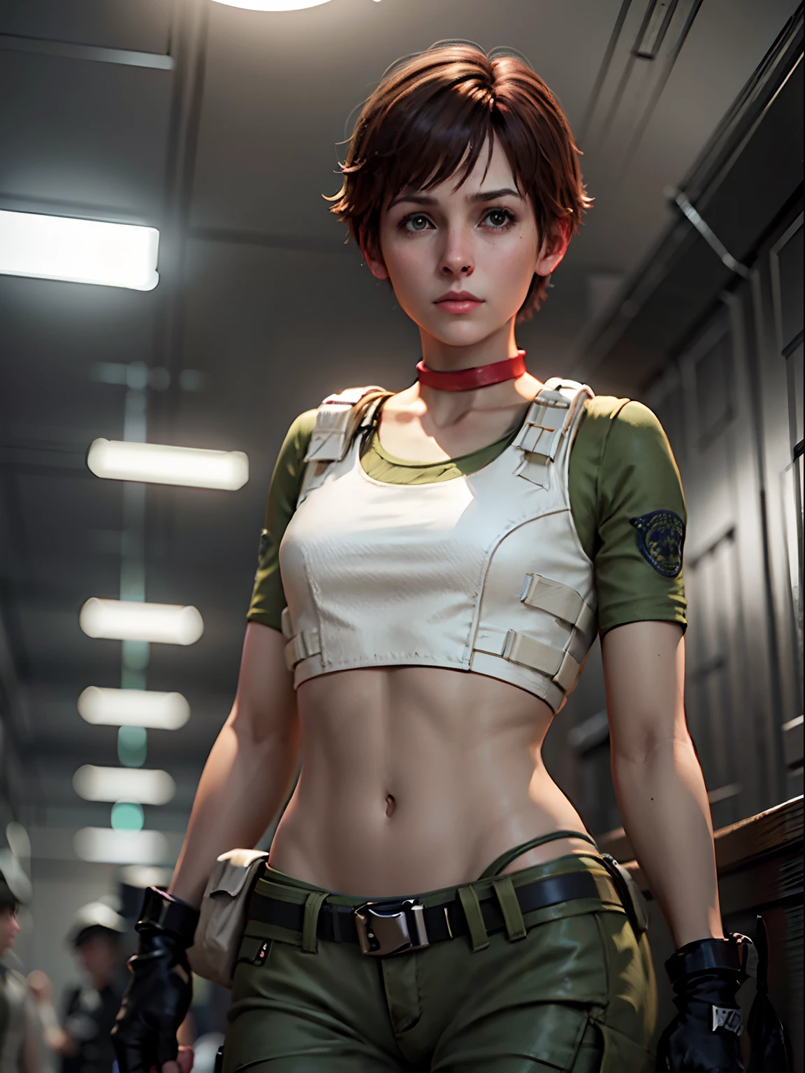 1girl, solo, Rebecca Chambers, re1costume, masterpiece, best quality, high resolution:1.2, ultra-detailed, detailed face, illustration, S.T.A.R. uniform, looking at viewer, Indoors, black gloves, night, med kit, volumetric lighting, cowboy shot, midriff, navel