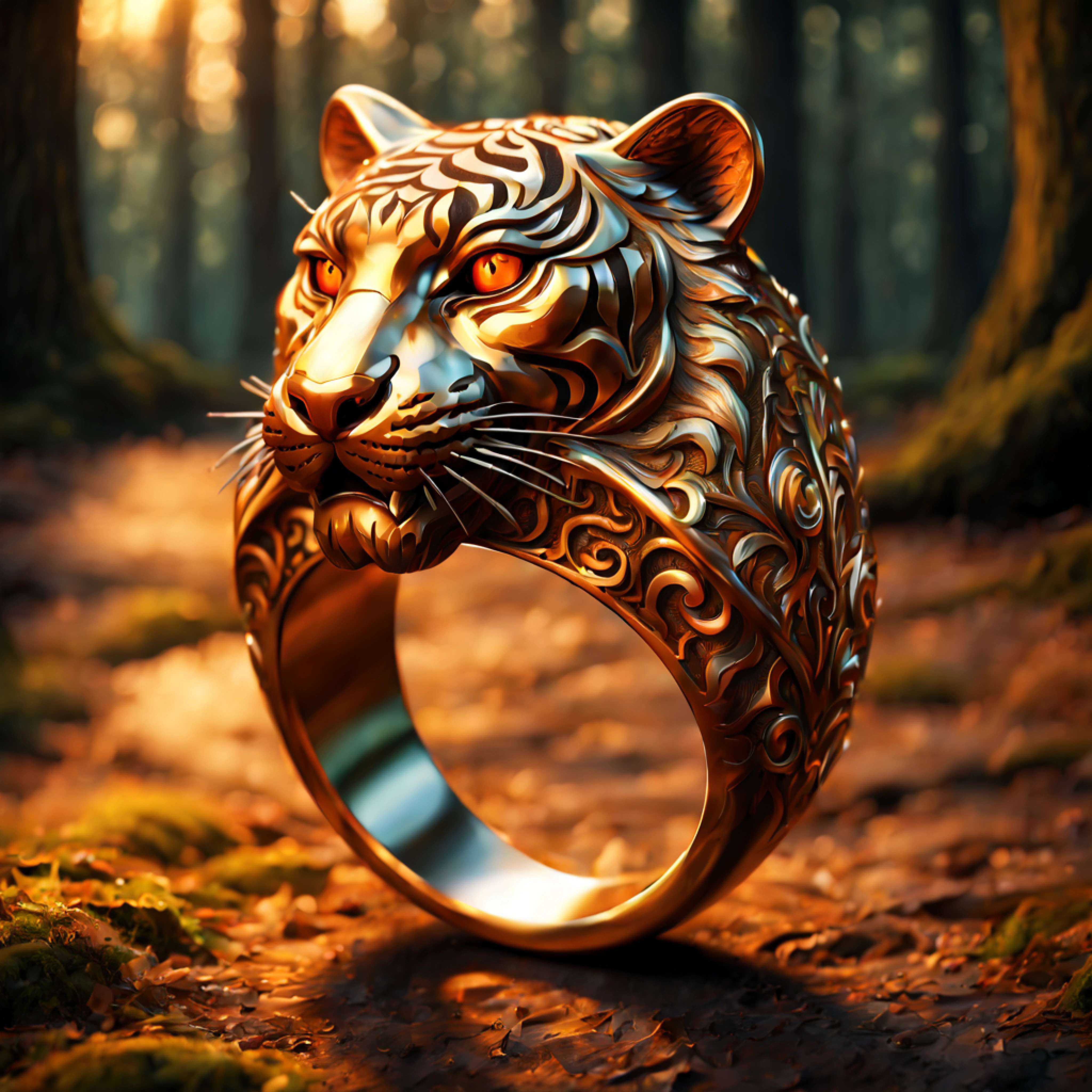 (dibujo 3D), (majestuoso anillo con intrincados grabados de tigre:1.2), Ricos patrones ornamentados, naranja (reflejo metalico:1.2), (Fondo romántico del bosque:1.4)