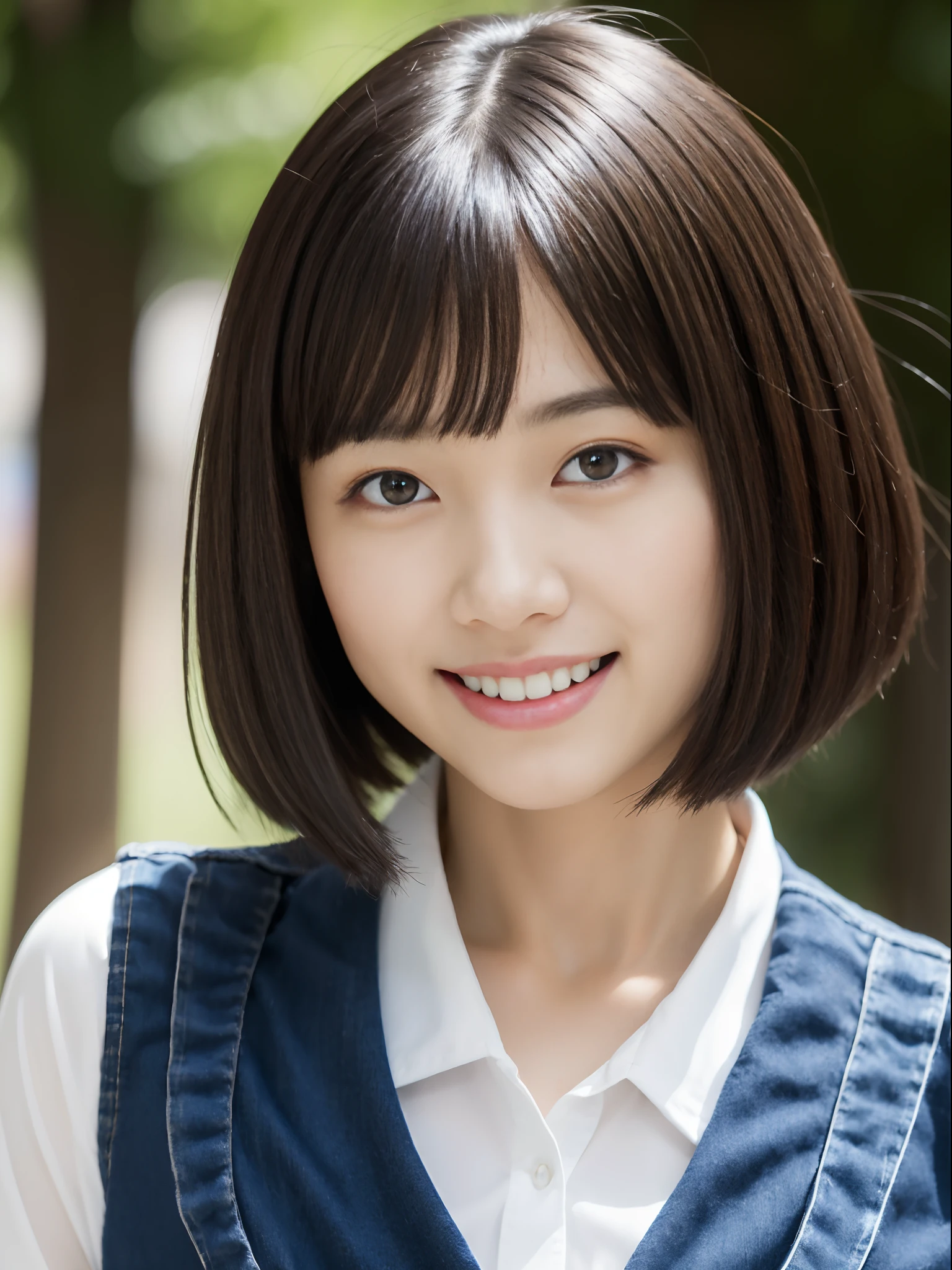 (masterpiece), (high resolution 32K), photo realistic, Japanese girl,  (symmetrical clear eyes:1.3), detailed eyes and face, detailed body, detailed skin, smile, teeth,looking at viewer, short-bob cut, Japanese school uniform,no bra,(breasts out:1.0), denim pants,standing, arms behind head, (full body), from japanese residential area, afternoon, natural lighting, Sony α7, 50mm, f1.4