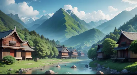tranquil Chinese village, surrounded by lush forests, tall mountains, and a peaceful river.