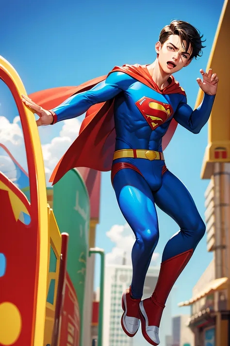 super man, 7 year old version with classic armor, playing in an amusement park, realistic playground scene