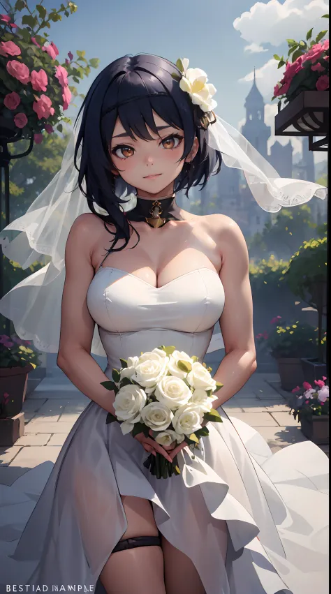 Kujou Sara | genshin impact, master-piece, bestquality, 1girls,25 years old, proportional body, proportional., Wedding Dresses, White Wedding Dress, Long skirt, wedding, ,bara, Standing in the middle of a flower garden, outdoor, wedding, The sky is beautif...