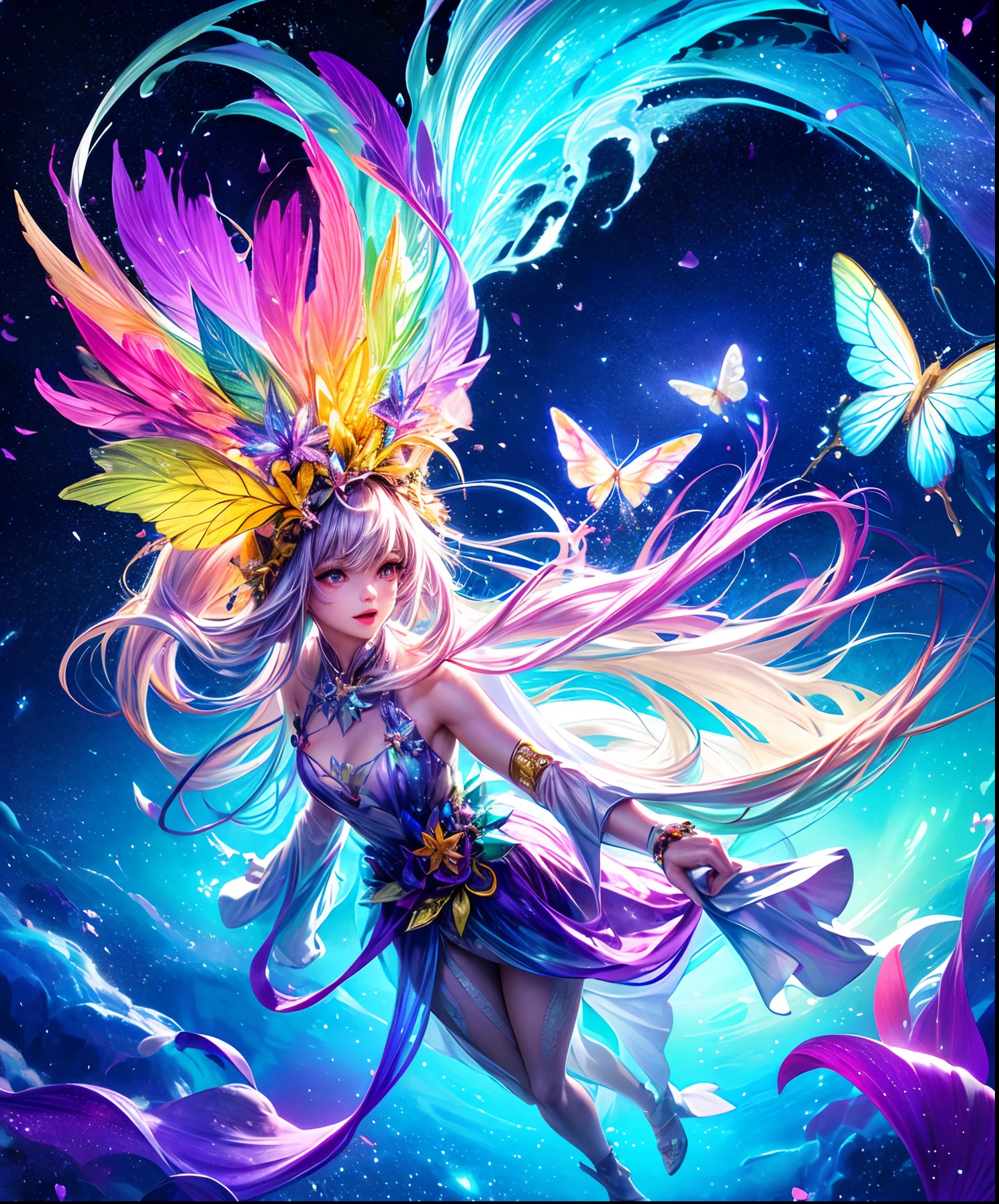 Cute iridescent round monster in space、Iridescent grass々Drawing a butterfly flying over the water, Looking up at the starry sky. Surround her with colorful nebulae and colorful forests.