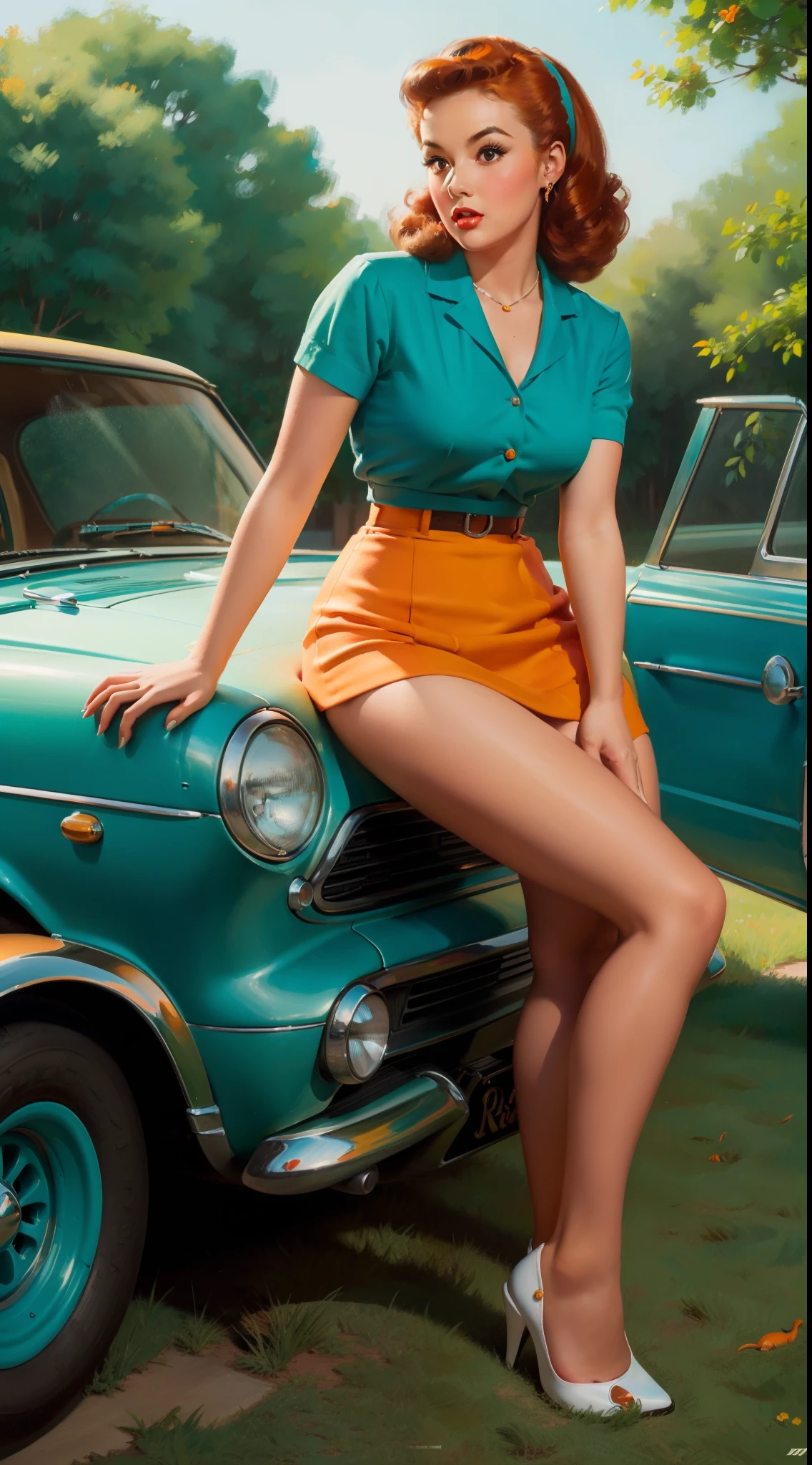 20-летняя девушка сидит на земле., перед ретро-автомобилем, Винтаж, стиль ретро пин ап, сексуальный, , удивлен, мини-узкая юбка, струящаяся юбка, красочный , цветовая гамма оранжево-бирюзовая, шедевры искусства, иллюстрированный,