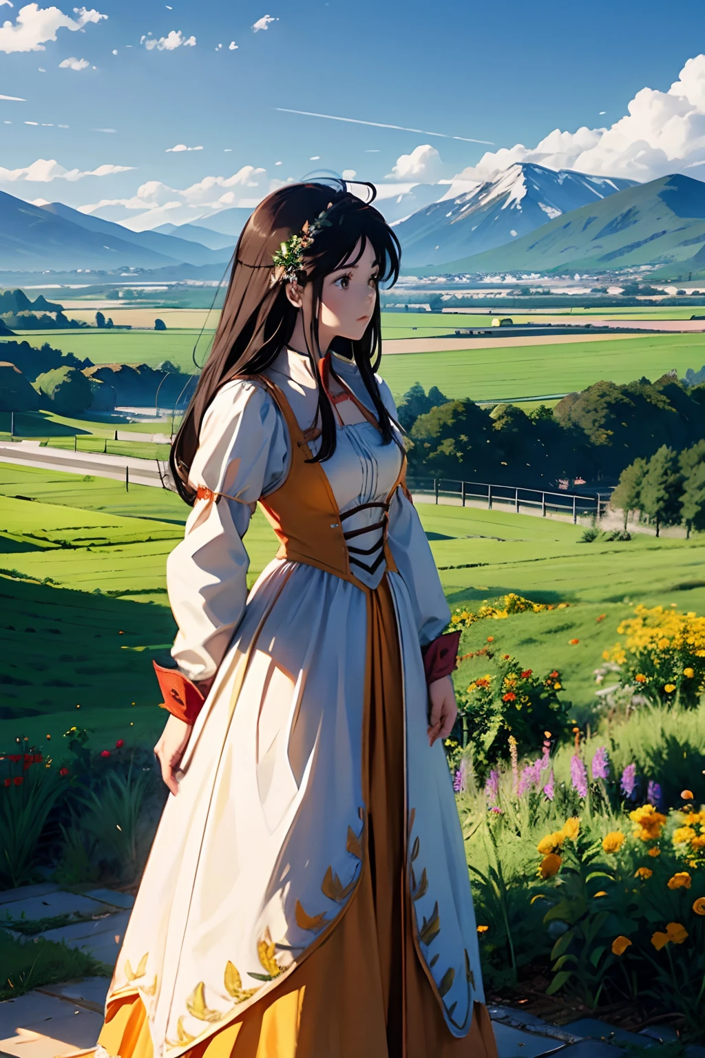 Princess Garnet wearing her classic orange and white outfit standing on a castle wall, POV shot over her shoulder, in the distance are wide green plains and fields. Flowers and agriculture are visible on the distant green fields. Far far in the distance are large snow topped mountains. The sky is clear blue with a few scattered clouds.