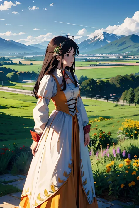 Princess Garnet wearing her classic orange and white outfit standing on a castle wall, POV shot over her shoulder, in the distance are wide green plains and fields. Flowers and agriculture are visible on the distant green fields. Far far in the distance ar...