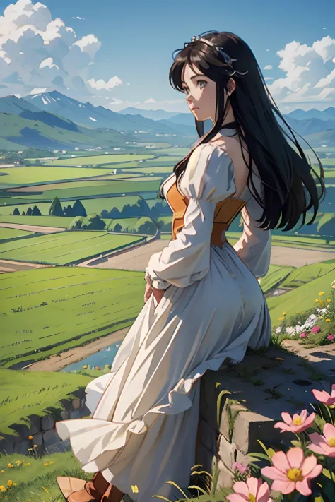 Princess Garnet standing on a castle wall, POV shot over her shoulder, in the distance are wide green plains and fields.  Flowers and agriculture are visible on the distant green fields.  Far far in the distance are large snow topped mountains.  The sky is...