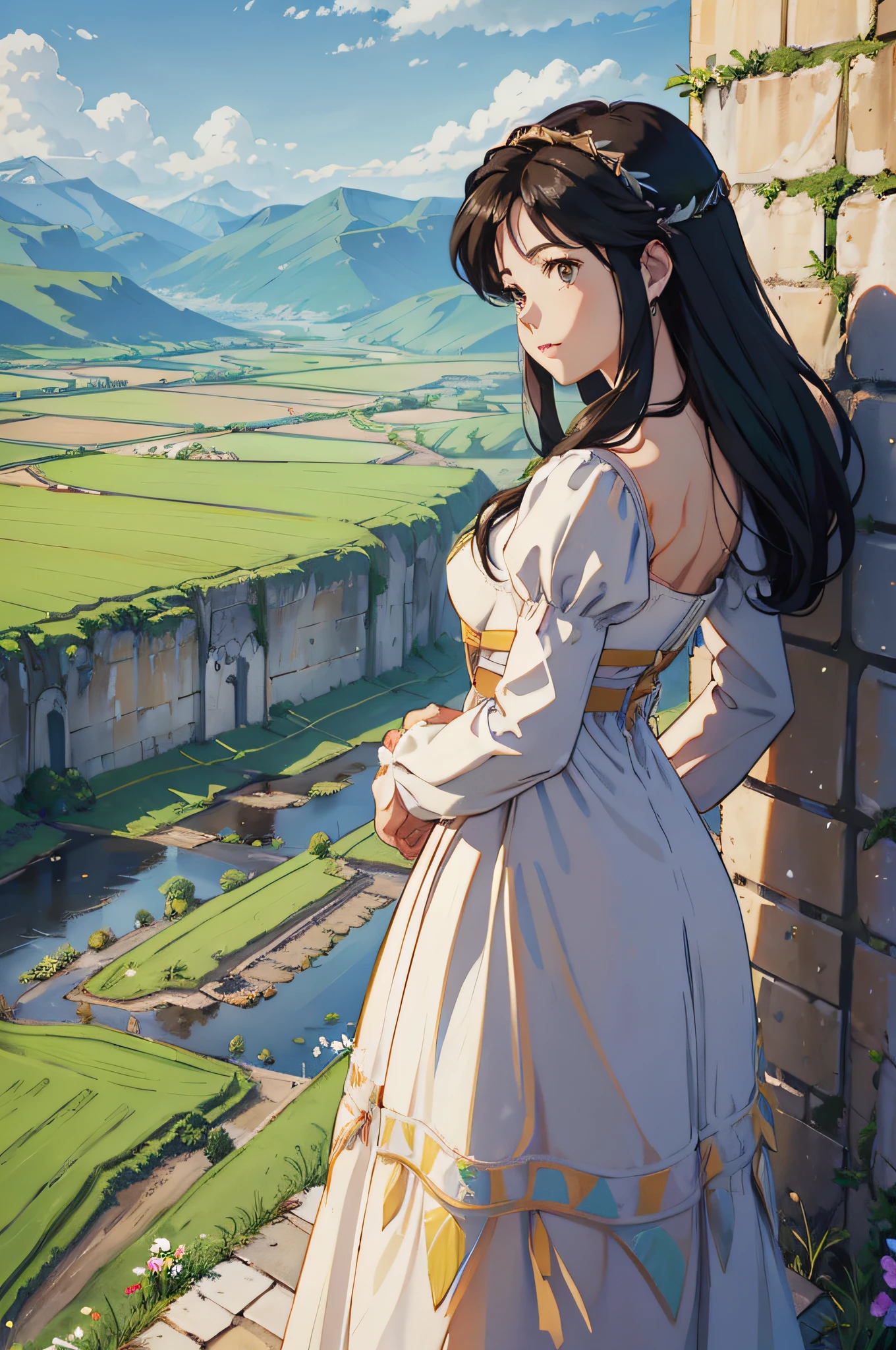 Princess Garnet standing on a castle wall, POV shot over her shoulder, in the distance are wide green plains and fields.  Flowers and agriculture are visible on the distant green fields.  Far far in the distance are large snow topped mountains.  The sky is clear blue with a few scattered clouds.