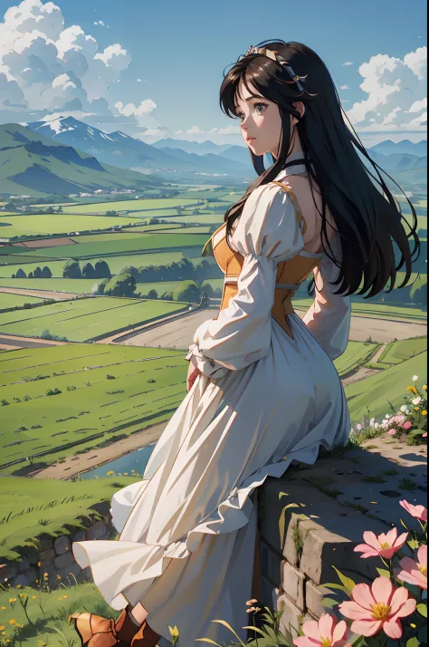 Princess Garnet standing on a castle wall, POV shot over her shoulder, in the distance are wide green plains and fields.  Flowers and agriculture are visible on the distant green fields.  Far far in the distance are large snow topped mountains.  The sky is...